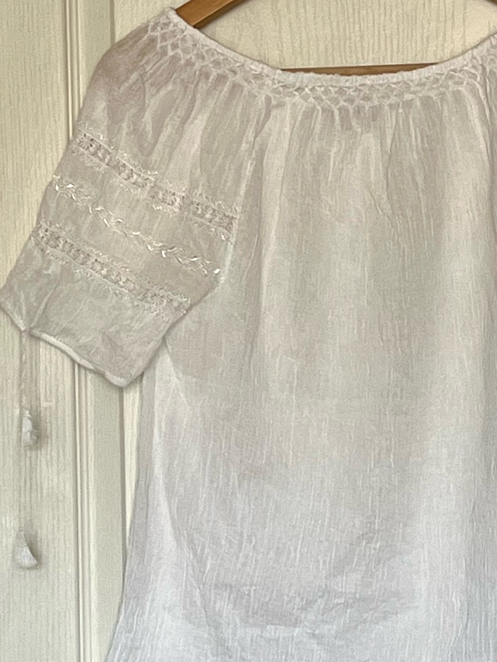 Boho White Cotton Gauze Peasant Blouse Lace Trim Size S Romantic Shabby Chic - Picture 14 of 15